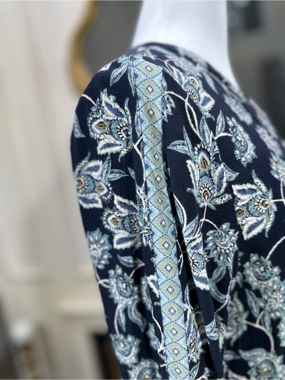 J. Jill Navy Floral Paisley Empire Waist Dress M Petite Boho Cottagecore 3/4 Slv - Picture 6 of 10